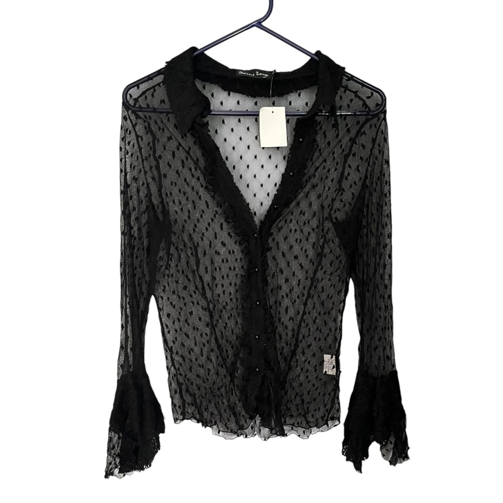 Baisers Rouge NWT Women's Sheer Lack Long Sleeve Blouse L Ruffle Sleeves USA